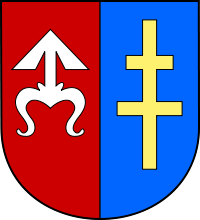 Herb Powiatu Skarżyskiego składa się z zaokrąglonej od podstawy renesansowej tarczy, podzielonej w słup. W polu prawym czerwonym znajduje się srebrny (biały) Odrowąż; w polu lewym błękitnym - podwójny krzyż złoty.
